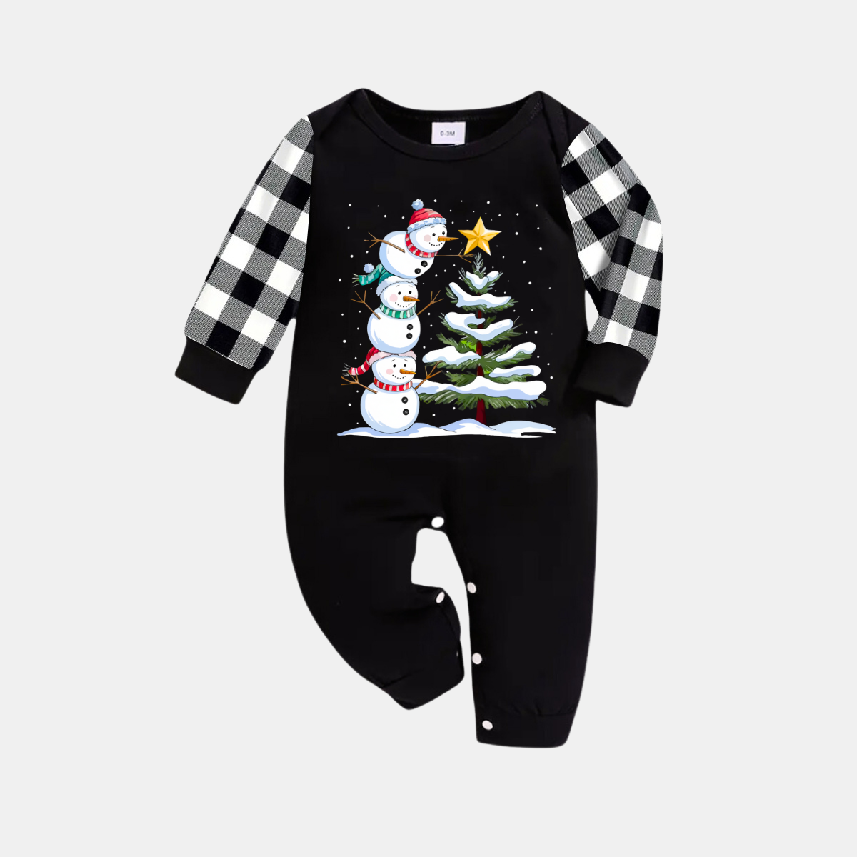 Black and White Plaid Christmas Pajamas Set with Snowman & Christmas Tree Print