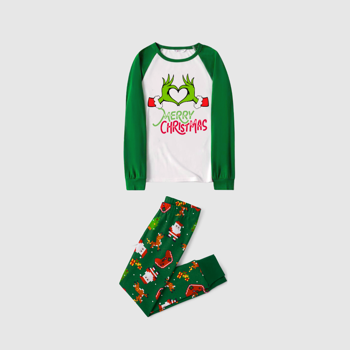 Merry Christmas 2025 Making Memories Family Pajamas Set - White Top, Green Pants, Green Christmas Cartoon Sleeves