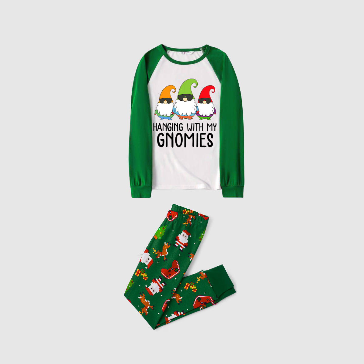Hanging With My Gnomies Family Pajamas Set - White Top, Green Pants, Green Solid Sleeves, Santa & Cartoon Print
