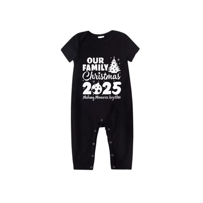 Our Family Christmas 2025 Family Pajamas Set - Black Top Red Pants Red Plaid Sleeves Christmas Tree Print