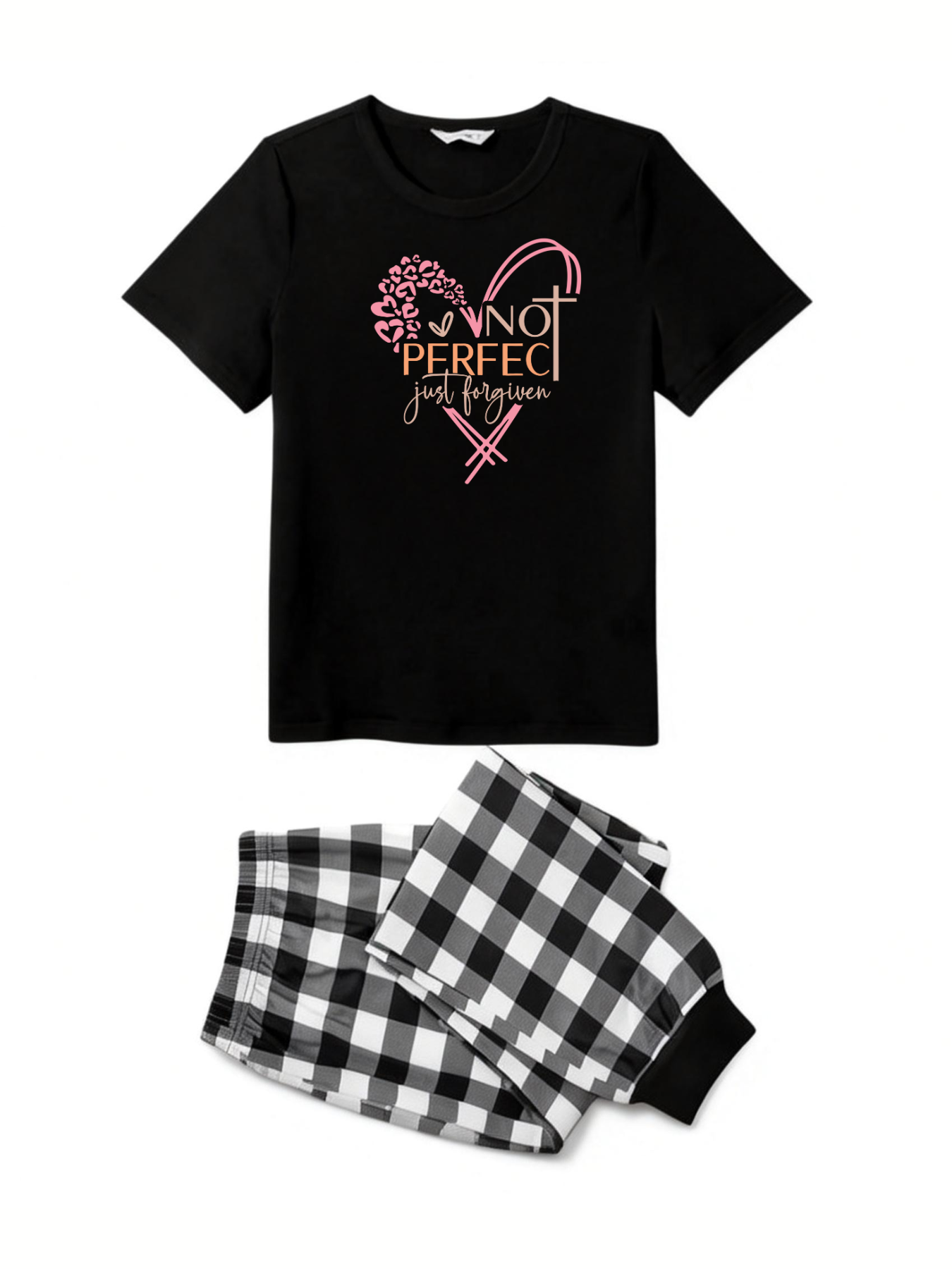 Black and White Plaid Short Sleeve Pajamas Set with Not Perfect Just Forgiven Text Printed