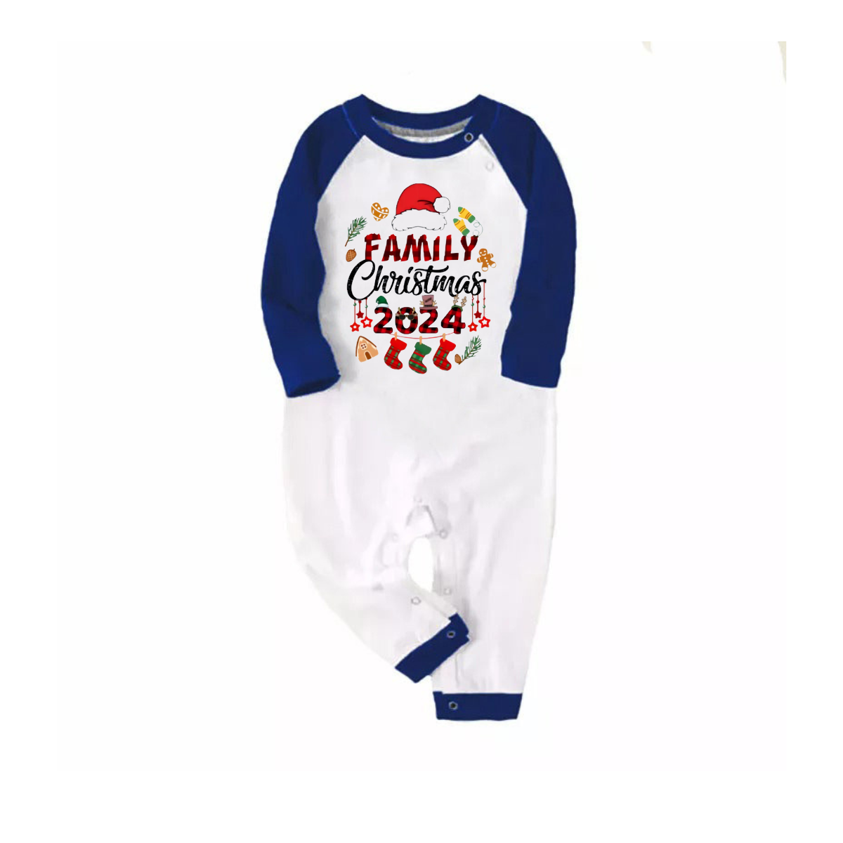 Santa Hat and "Family Christmas 2024" Text Print Blue & Black Plaid Christmas Family Matching Pajamas