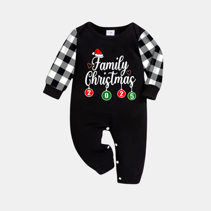 "Family Christmas" 2025 Black Long Sleeve Top with Black And White Plaid Pants Family Matching Pajamas