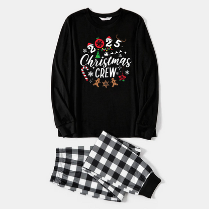 2025 Christmas Crew Making Memories Together Text Print Black Long Sleeve Top with Black And White Plaid Pants Family Matching Pajamas