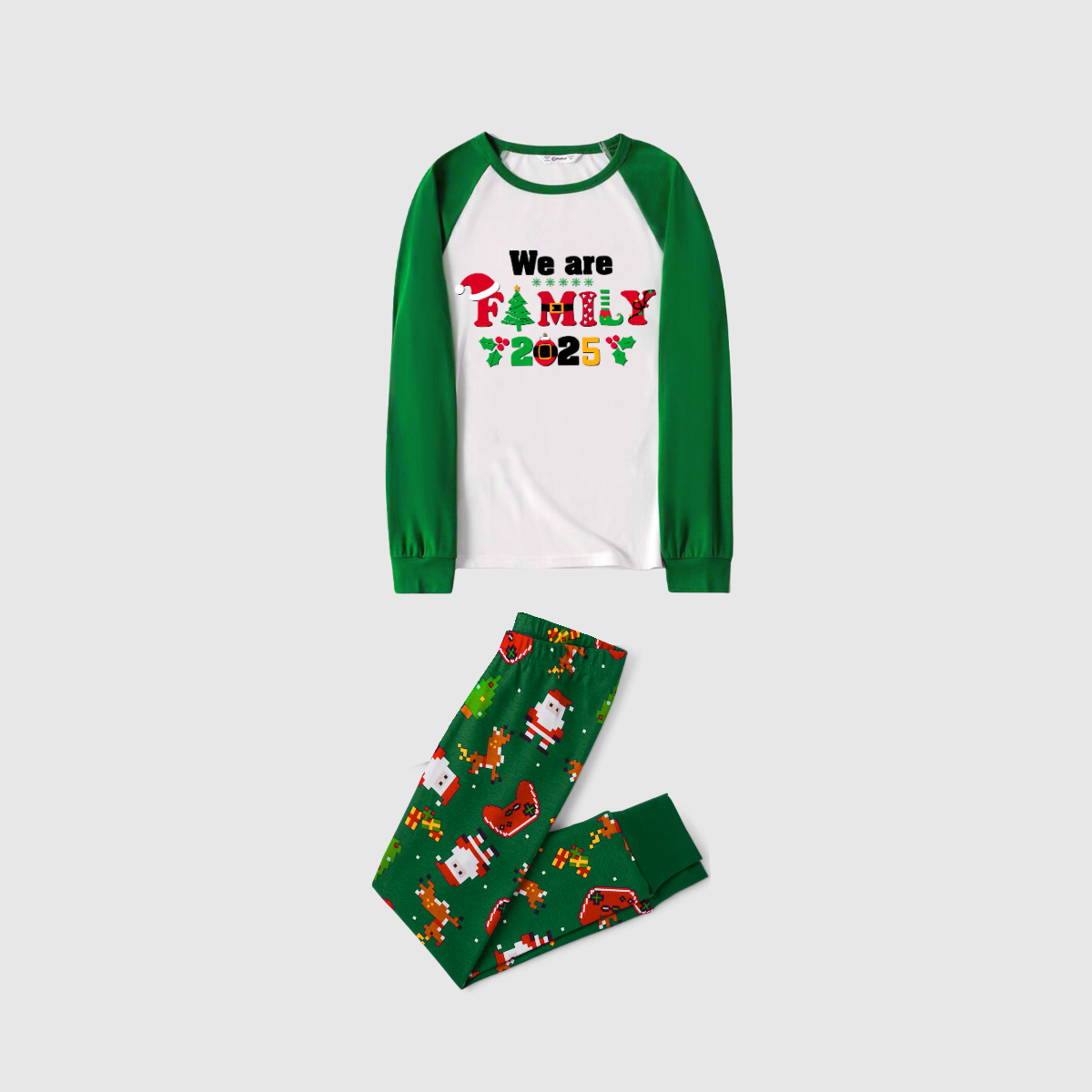 We Are Family 2025 Printed Green Contrast Sleeve Top And Pants Family Matching Christmas Pajamas Sets