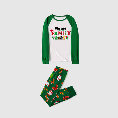 We Are Family 2025 Printed Green Contrast Sleeve Top And Pants Family Matching Christmas Pajamas Sets