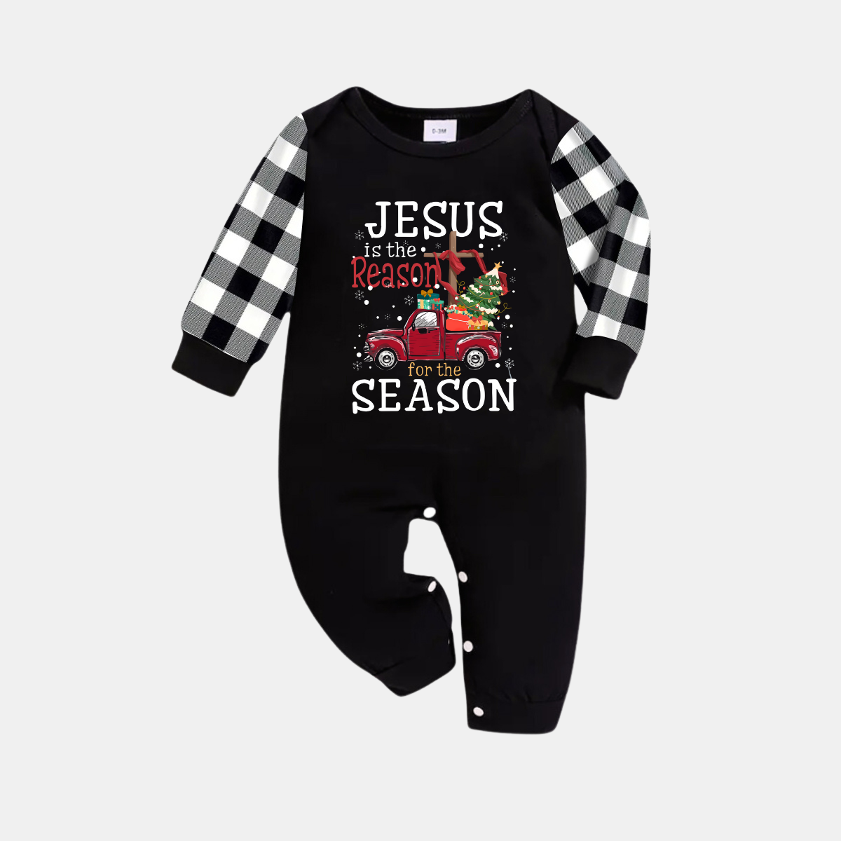 Black and White Plaid Christmas Pajamas Set With "Jesus is the Reason for the Season" Text Print