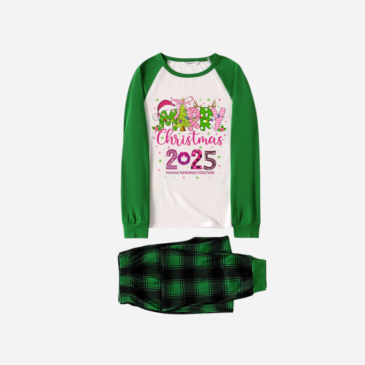 Merry Christmas 2025 Family Christmas Pajamas Set - White Top with Green Sleeves and Green Plaid Pants