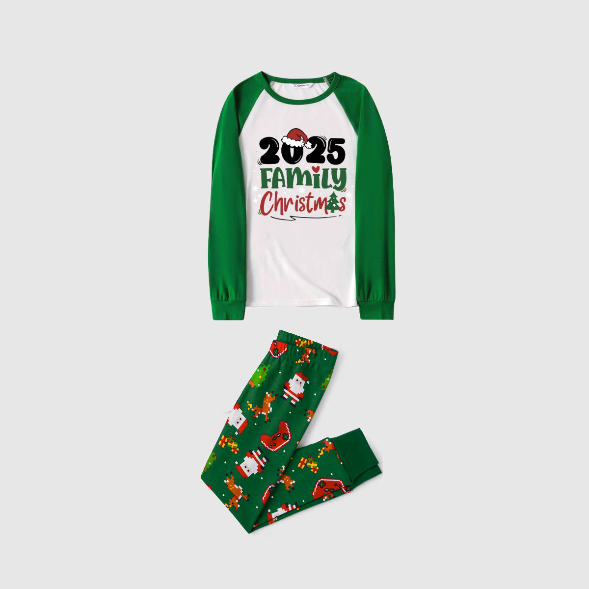 Merry Christmas 2025 Family Pajamas Set - White Top, Green Pants, Solid Green Sleeves, Santa Hat & Christmas Tree Print