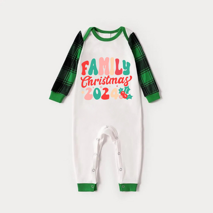 Christmas �� Family Christmas 2024�� Letter Print Patterned  Casual Long Sleeve Sweatshirts Green Contrast Tops and Black and Green Plaid Pants  Family Matching Raglan Long-sleeve Pajamas Sets With Dog Bandana