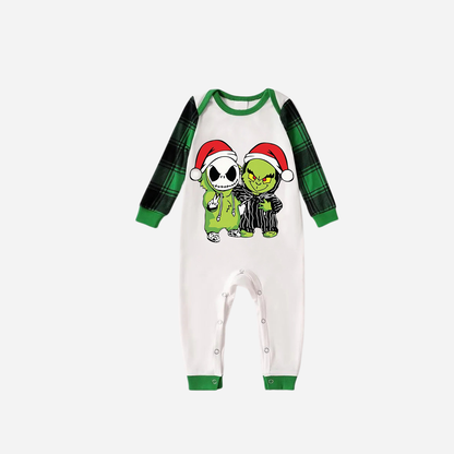 Green Raglan Top Green Plaid Christmas Pajamas Set With Grinch and Cartoon Pattern Print