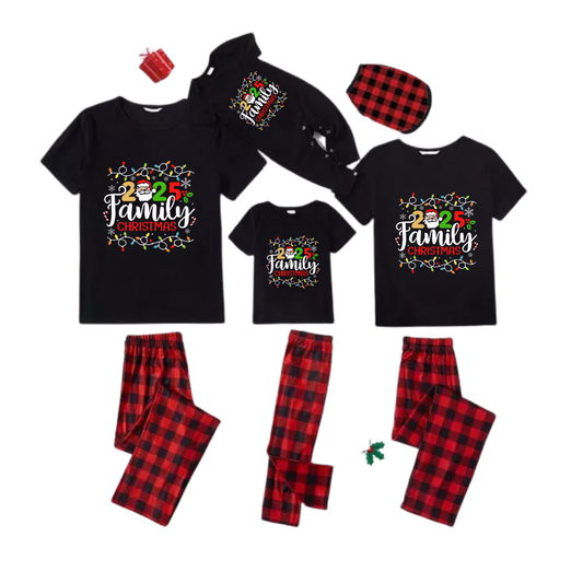 Red and Black Plaid Short Sleeve Christmas Pajamas Set With Christmas Light and "2025 Family Christmas" Text Print