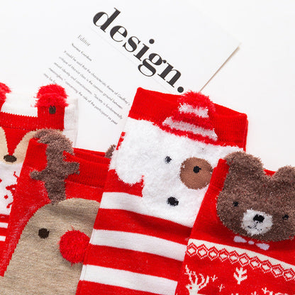 Christmas Cartoon Santa Elk Bear Fox Snowman Short Cotton Socks 4Pairs