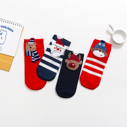 Christmas Cartoon Santa Elk Bear Fox Snowman Short Cotton Socks 4Pairs