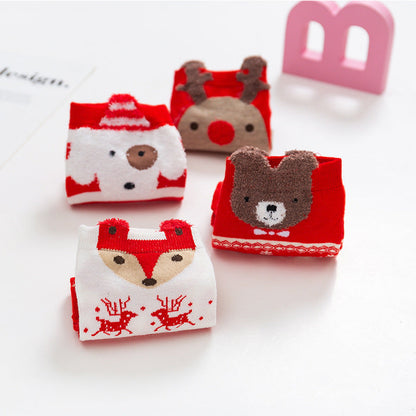 Christmas Cartoon Santa Elk Bear Fox Snowman Short Cotton Socks 4Pairs