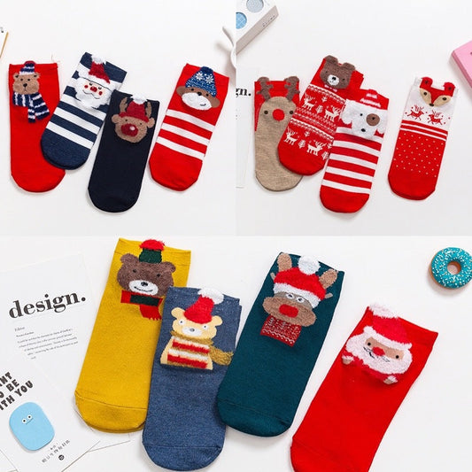 Christmas Cartoon Santa Elk Bear Fox Snowman Short Cotton Socks 4Pairs