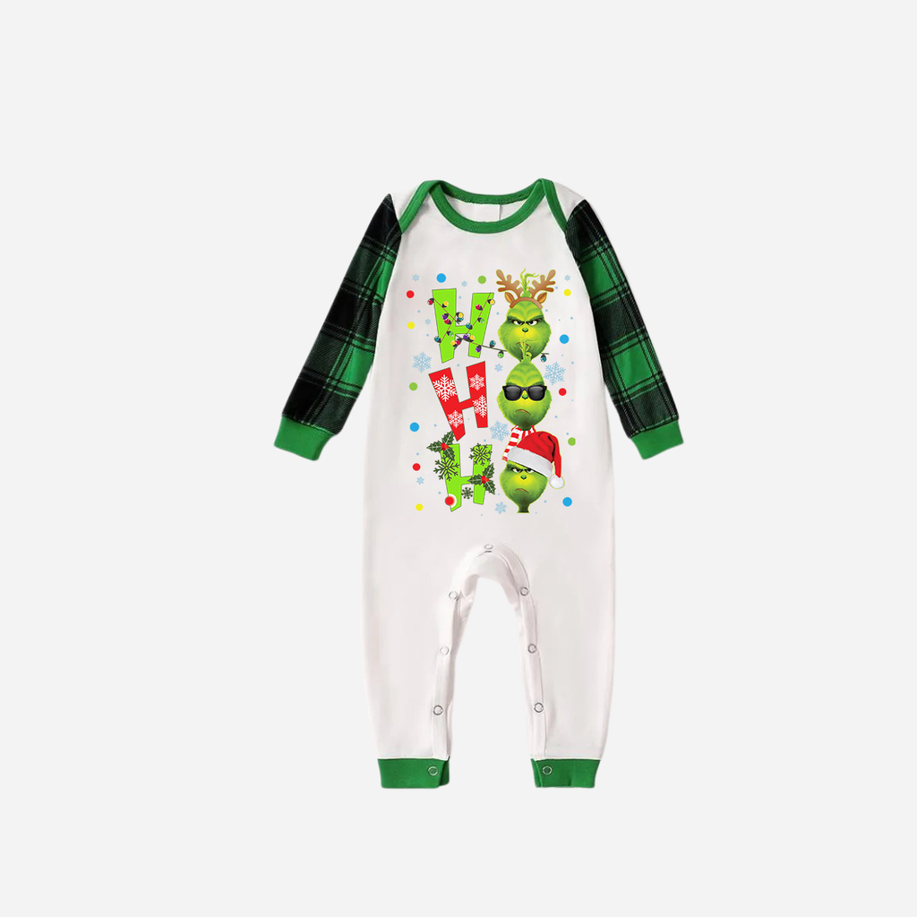 Green Raglan Top Green Plaid Christmas Pajamas Set With "ho ho ho" and Christmas Grinch Print