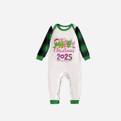 Merry Christmas 2025 Family Christmas Pajamas Set - White Top with Green Sleeves and Green Plaid Pants