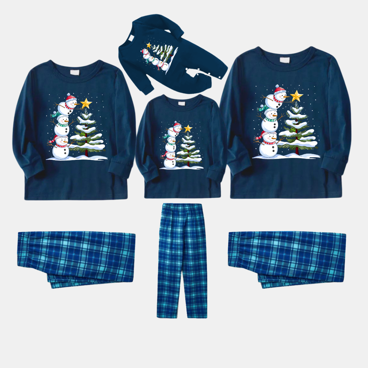 Navy & Sky Blue Plaid Christmas Pajamas Set with Snowman & Christmas Tree Print