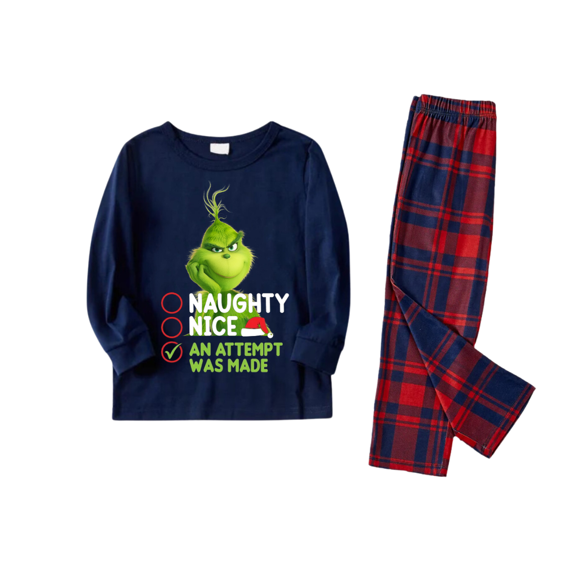 Cute Cartoon Pattern and Slogan Text Printed Red and Blue Plaid Christmas Matching Pajamas