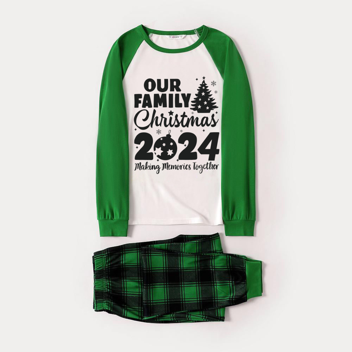 Christmas Tree & "2024 Making Memories Together" Patterned Green Sleeve Contrast Tops and Black and Green Plaid Pants Family Matching Raglan Long-sleeve Pajamas Sets With Dog Bandana