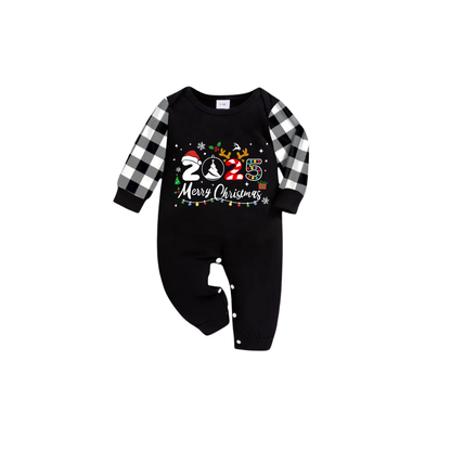 2025 Merry Christmas Family Pajamas Set - Black Top Black and White Plaid Pants White Text Graphic