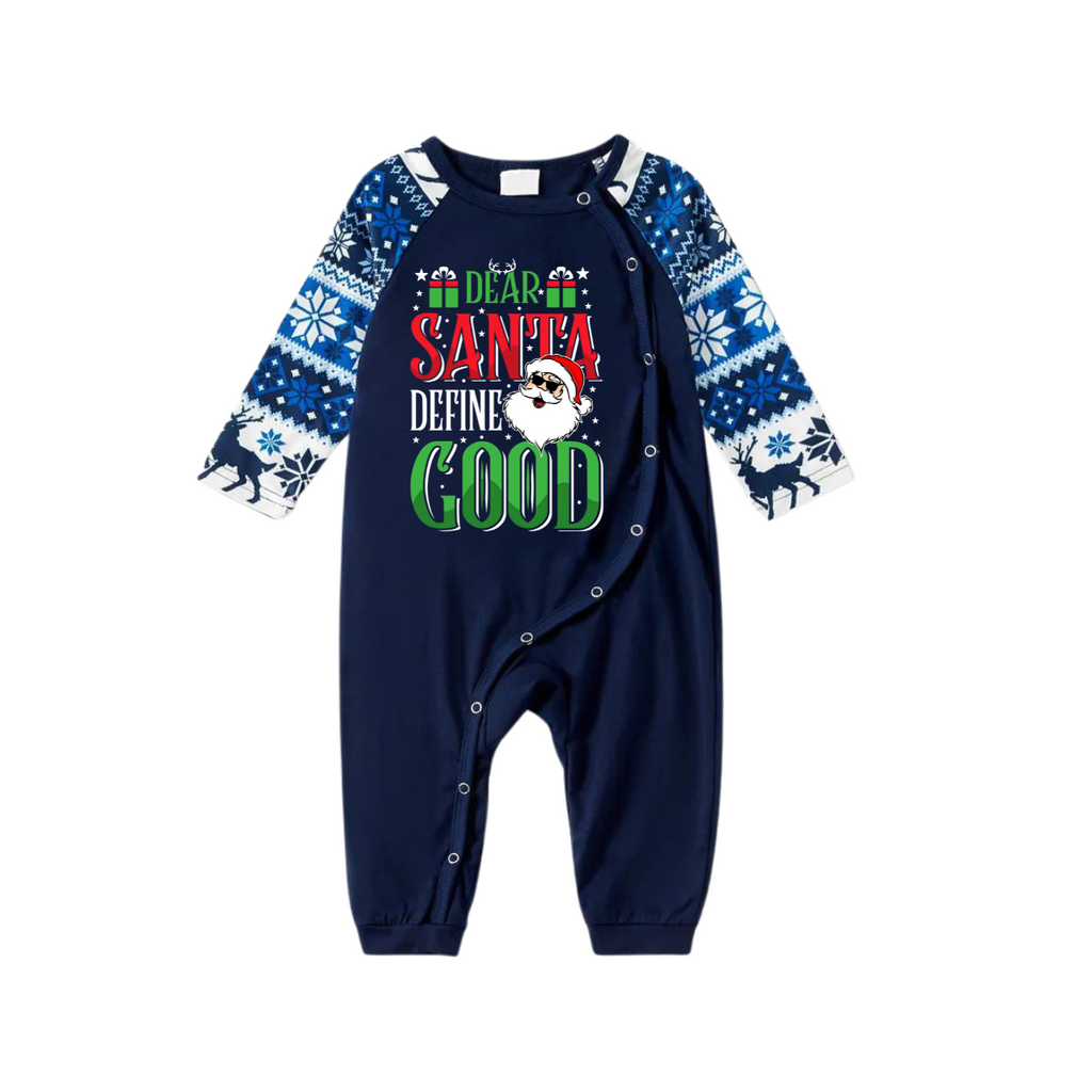 "Dear Santa Define Good" Slogan Printed Blue Family Christmas Matching Pajamas