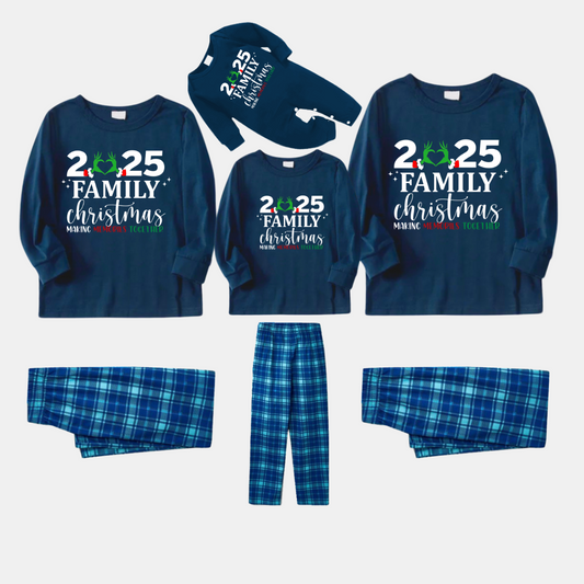"2025 Family Christmas" Quirky Heart Letter Print Blue Long Sleeve Top With Blue Plaid Family Matching Pajamas