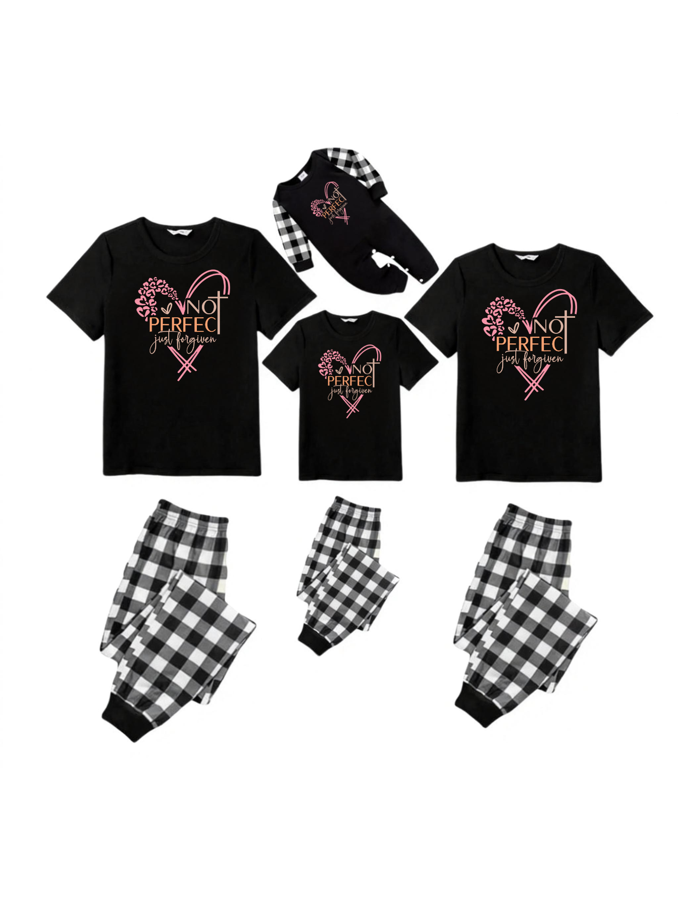 Black and White Plaid Short Sleeve Pajamas Set with Not Perfect Just Forgiven Text Printed