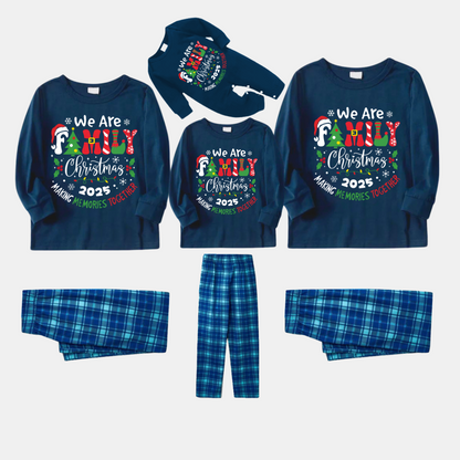 "We are Family" 2025 Christmas Wreath - Blue Long Sleeve Top With Blue Plaid Family Matching Pajamas