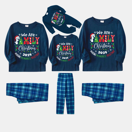 "We are Family" 2025 Christmas Wreath - Blue Long Sleeve Top With Blue Plaid Family Matching Pajamas