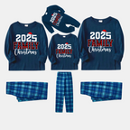 2025 Family Christmas Text Print Blue Long Sleeve Top With Blue Plaid Family Matching Pajamas