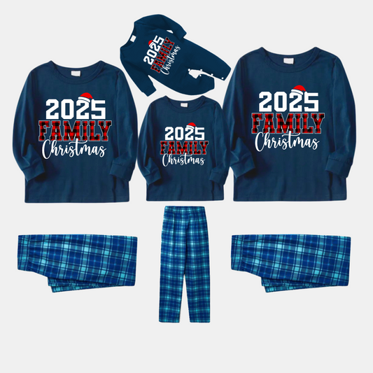 2025 Family Christmas Text Print Blue Long Sleeve Top With Blue Plaid Family Matching Pajamas