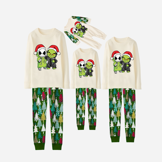 Family Christmas Pajamas Set With "Christmas With Grinch and Cartoon Pattern Print