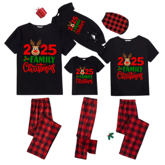 "2025 Family Christmas" Moose Letter Prints Black Short Sleeve with Red & Black Plaid Pant Family Matching Pajamas