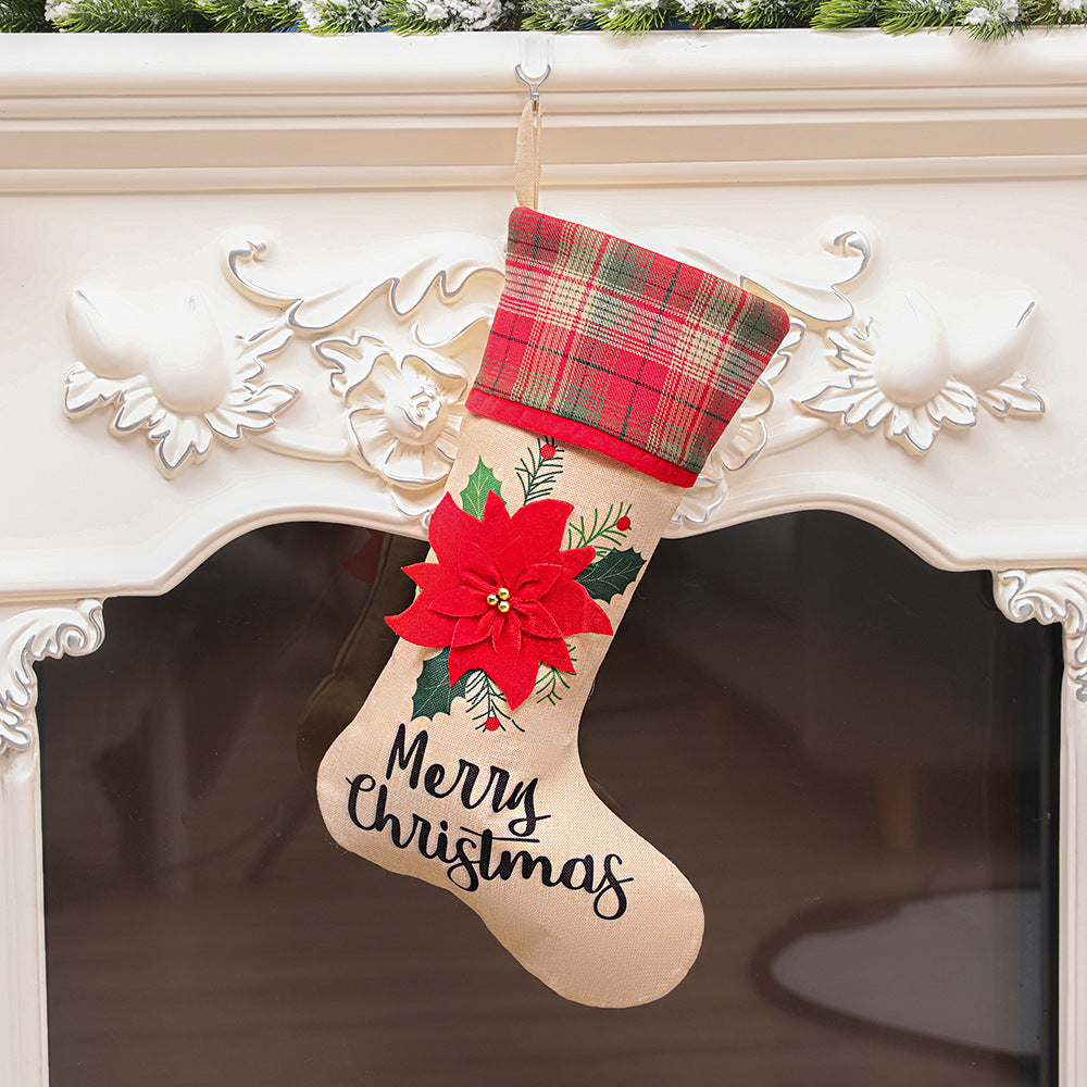 Merry Christmas Car/Flowers Red and Black Plaid Christmas Socks Gift Bag
