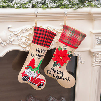 Merry Christmas Car/Flowers Red and Black Plaid Christmas Socks Gift Bag
