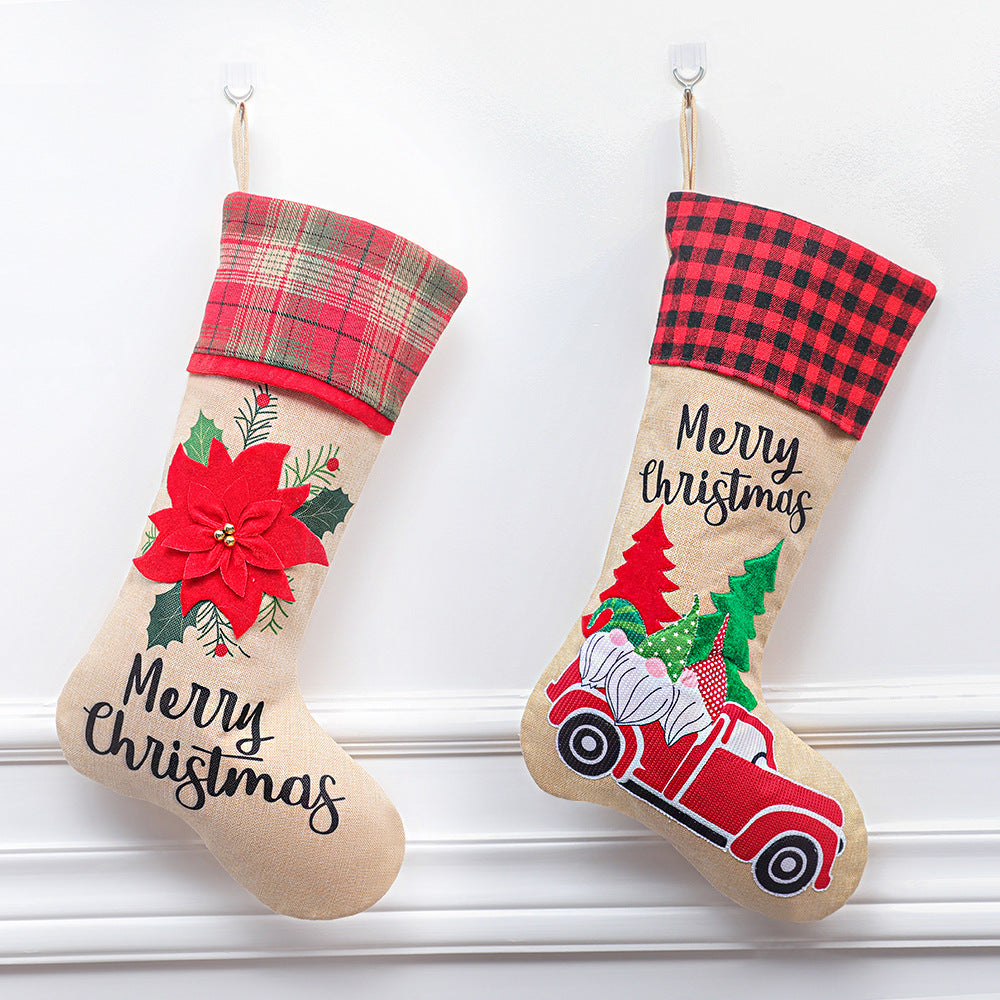 Merry Christmas Car/Flowers Red and Black Plaid Christmas Socks Gift Bag