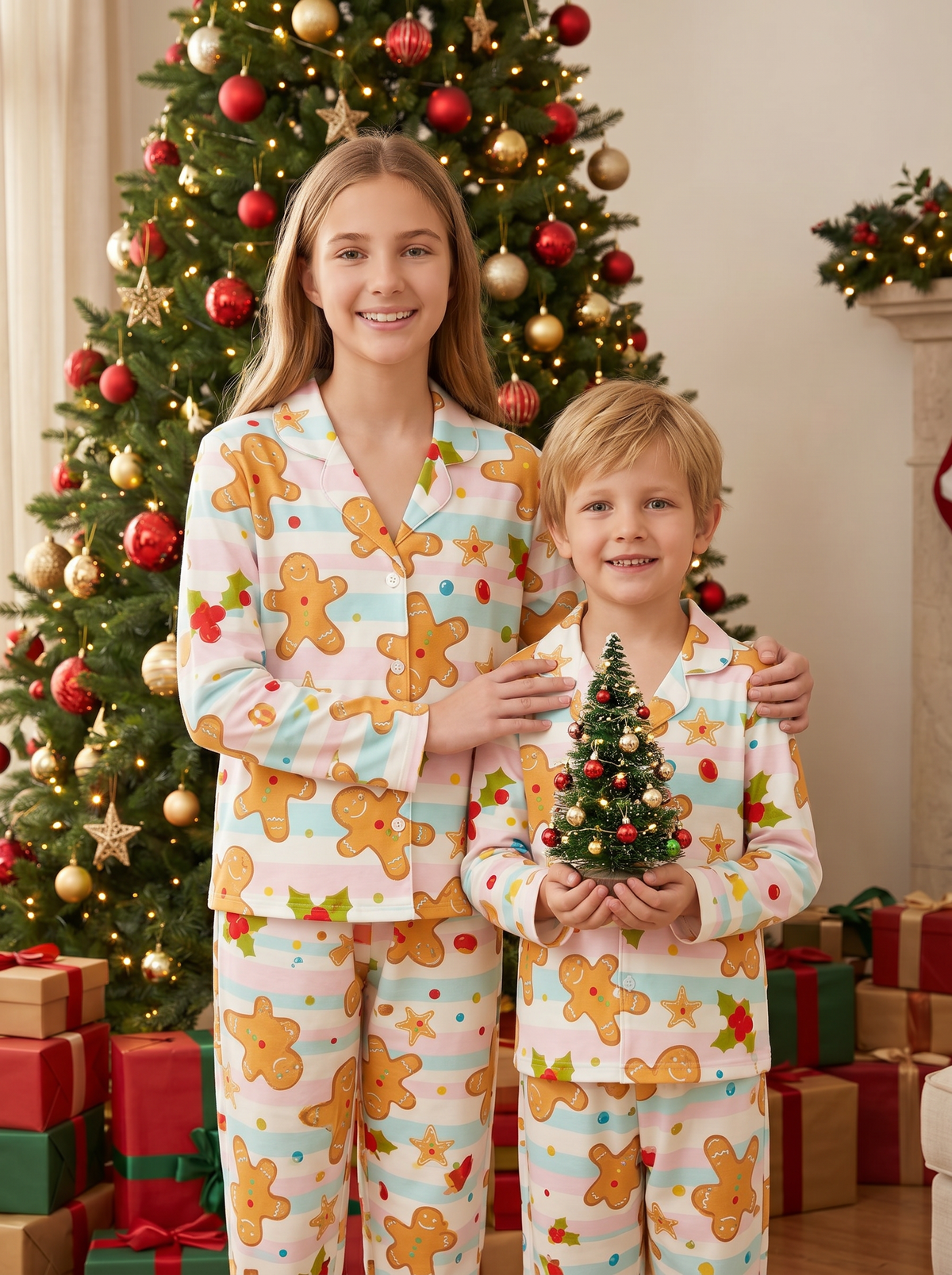 Festive Gingerbread Man & Candy Stripe Matching Family Pajama Set, Button-Down Cotton Loungewear