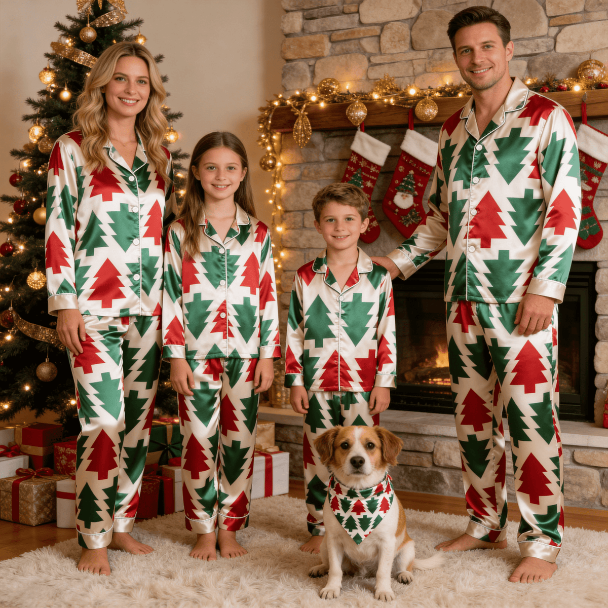Red & Green Geometric Christmas Tree Satin Button-Up Family Pajamas Set