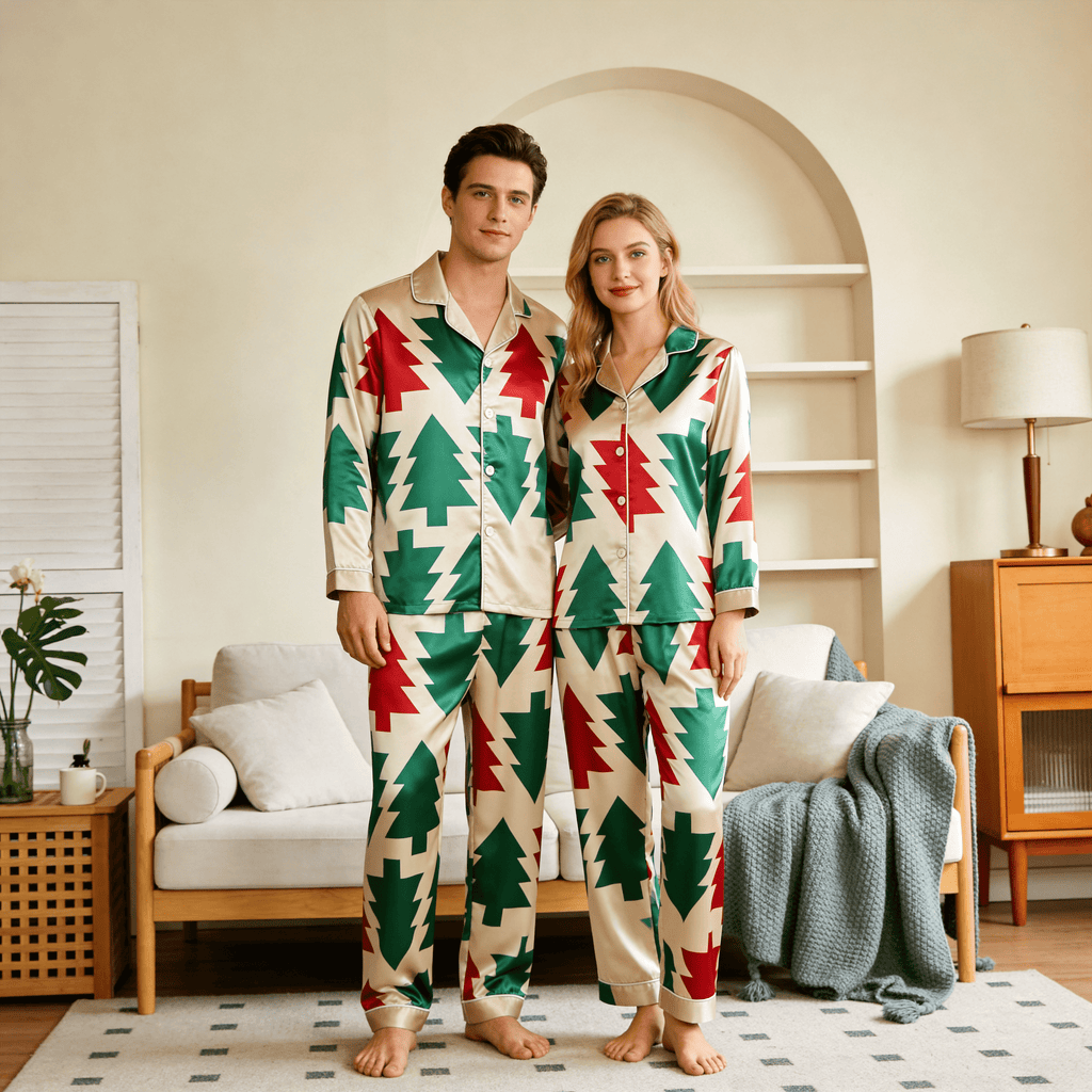 Christmas Tree Satin Matching Pajamas for Couples – Long Sleeve Button-Down Top & Pants Sleepwear Set