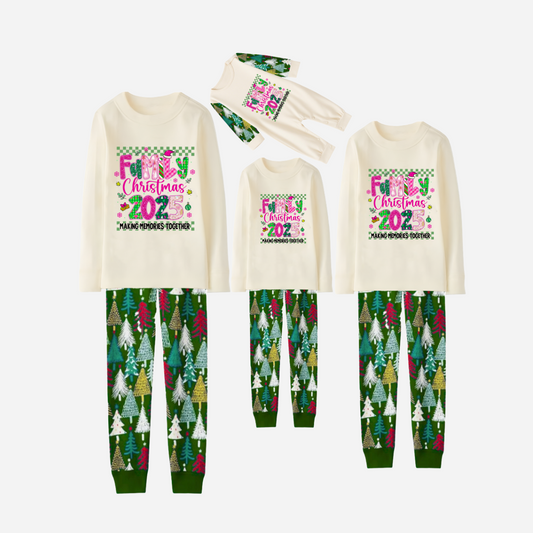 "Family Christmas 2025" Faux Glitter Beige Top and Christmas Tree Pants Christmas Pajamas Set