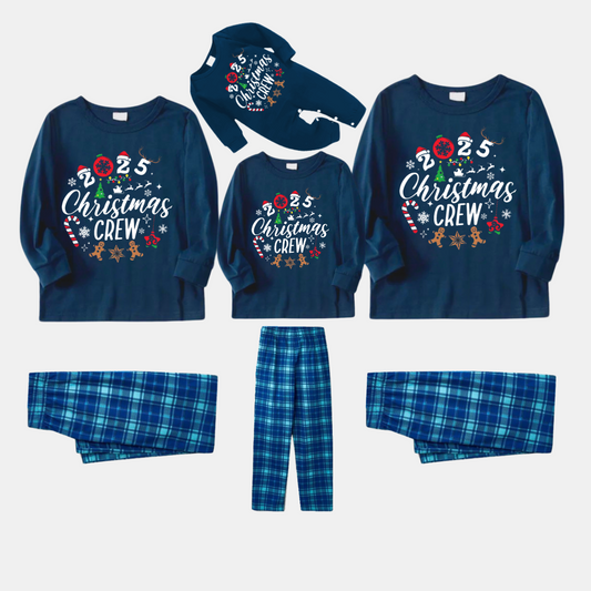 2025 Christmas Crew Making Memories Together Text Print Blue Long Sleeve Top With Blue Plaid Family Matching Pajamas