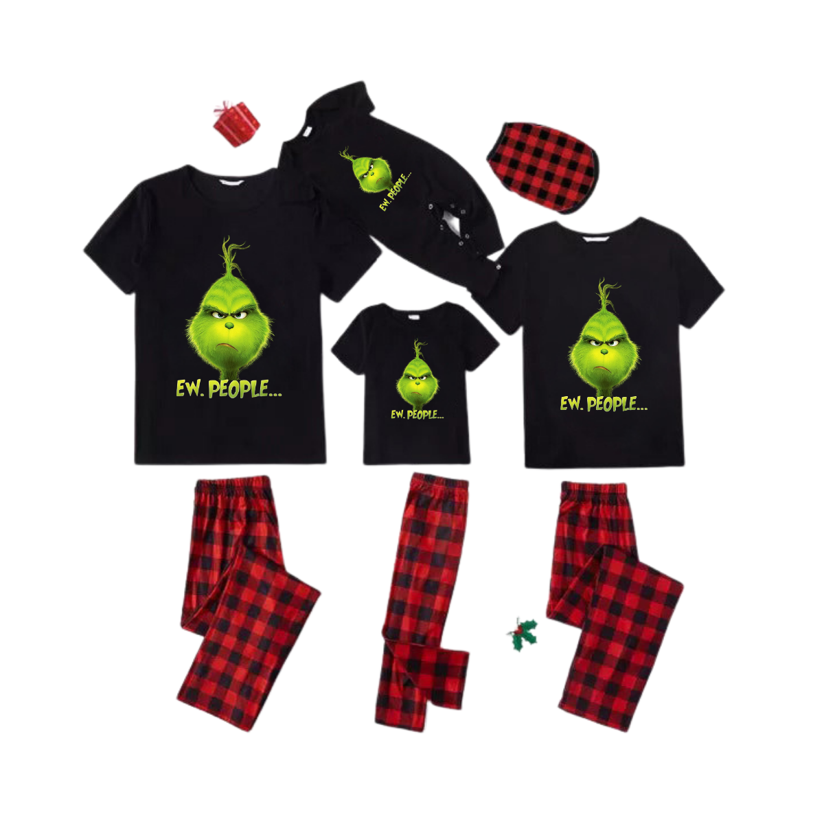 Ew People Family Pajamas Set - Black Top Red Pants Red Plaid Sleeves Grinch Face Print