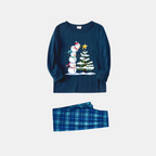 Navy & Sky Blue Plaid Christmas Pajamas Set with Snowman & Christmas Tree Print