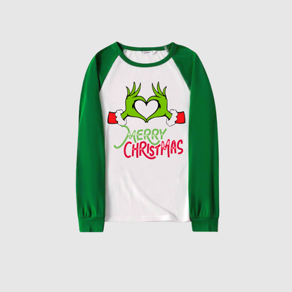 Merry Christmas 2025 Making Memories Family Pajamas Set - White Top, Green Pants, Green Christmas Cartoon Sleeves