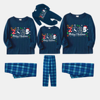 "Merry Christmas 2025" Text Prints Blue Long Sleeve Top With Blue Plaid Family Matching Pajamas