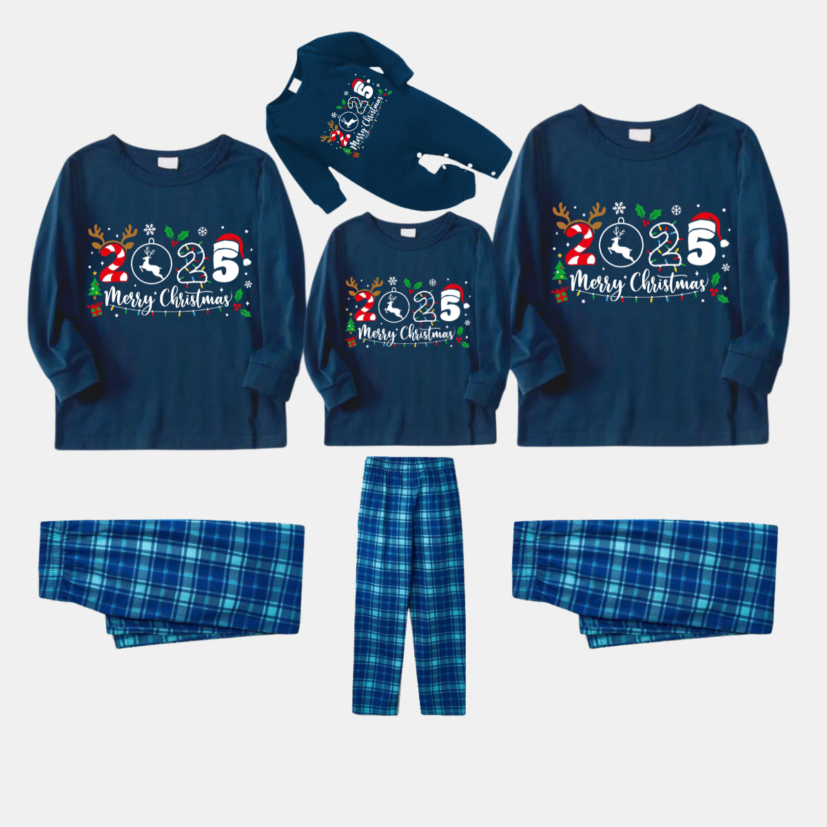 "Merry Christmas 2025" Text Prints Blue Long Sleeve Top With Blue Plaid Family Matching Pajamas