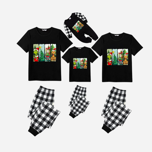 Christmas Cartoon Family Christmas Pajamas Set - Black Top with Black and White Plaid Pants