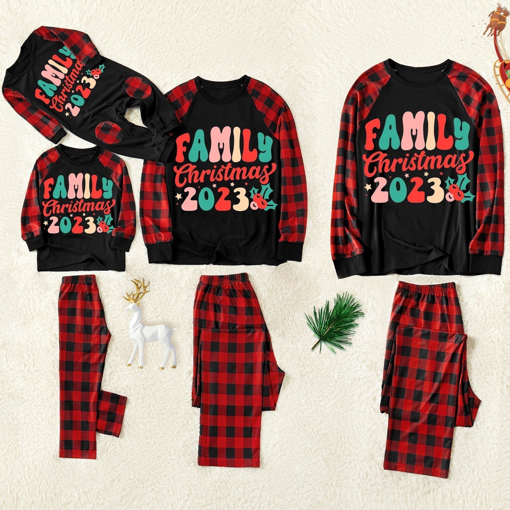 Christmas Santa Claus Print Patterned Casual Long Sleeve Sweatshirts Contrast Black Top and Black & Red Plaid Pants Family Matching Pajamas Set With Pet Bandana
